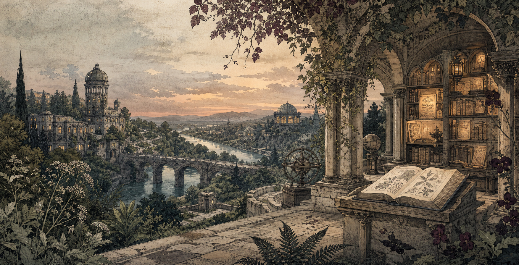 A riverside archive pavilion overlooking observatories, bridges, and botanical gardens