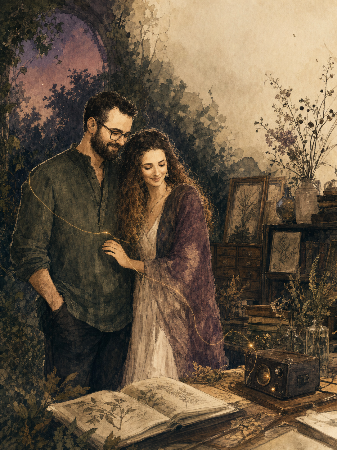 A stylised ink-and-wash portrait of Ash and Lotus in an archive garden