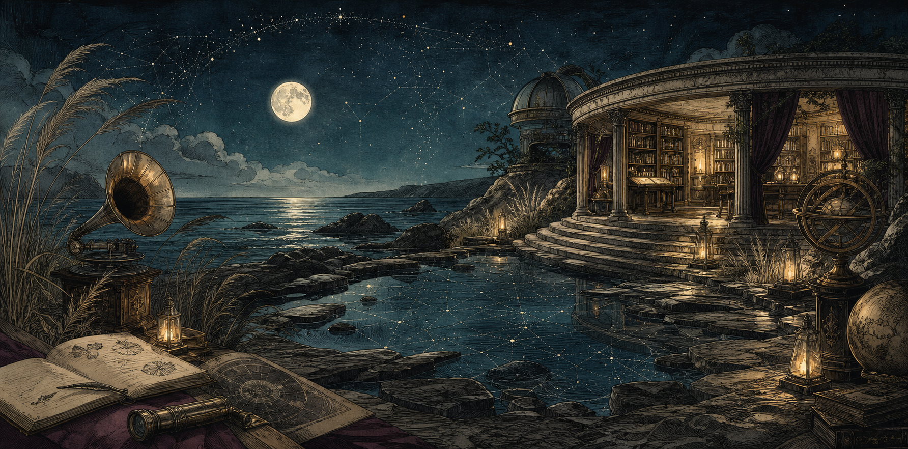 A moonlit coastal observatory and library beside dark water