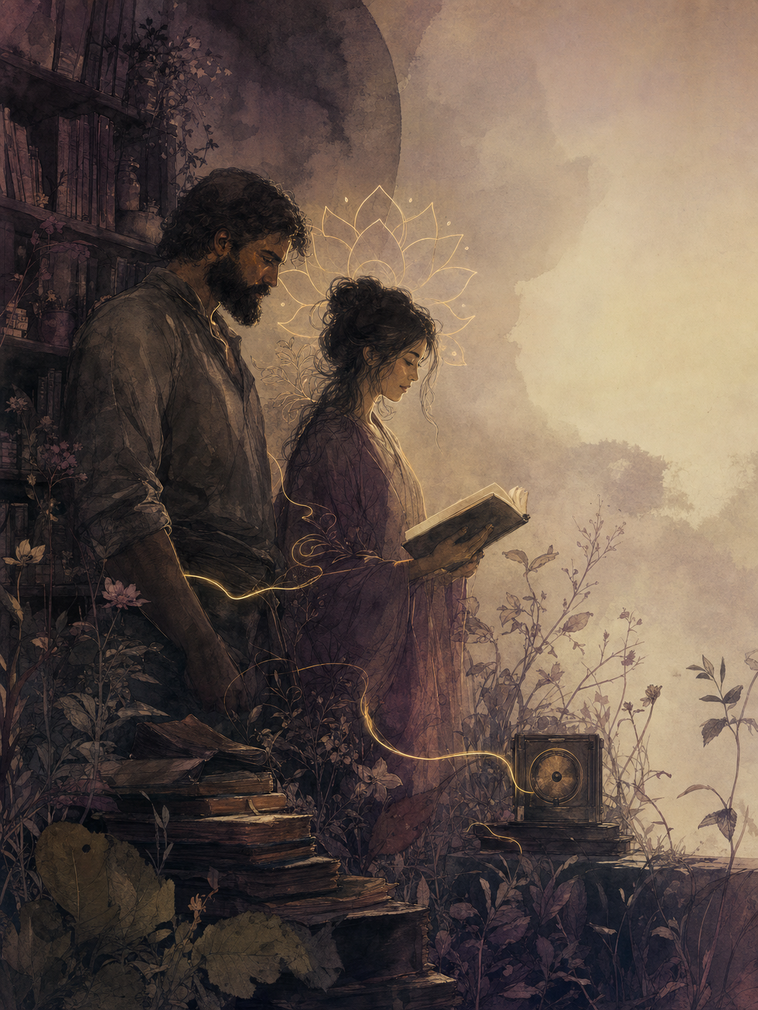 Stylised portrait of Lotus and Ash in the archive, connected by a golden soul thread beneath a lotus halo